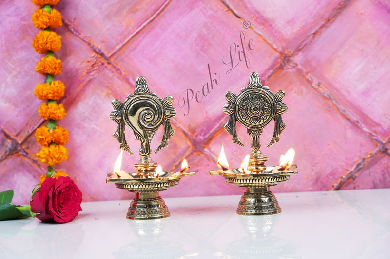 Shankh Chakra Brass Round Diya with Antique Finish for Temple
