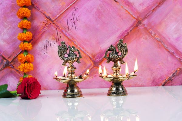 Brass Diya with Antique Finish| Brass Oil Lamp Stand |  Five Deepak
