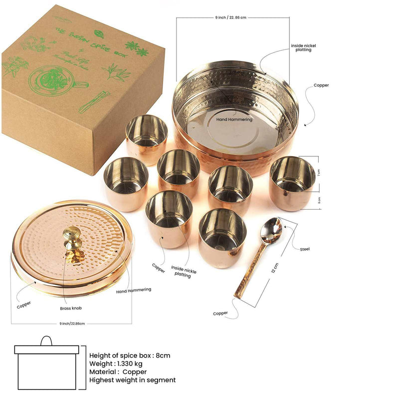 Peak Life Handcrafted Indian Spice Box for Kitchen in Copper (9 inch).