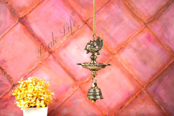 Antique Finish Decorative Hanging Brass Diya | Peacock Design With Bell | Round Wick